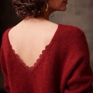 Sézane Sweater Red V Back Lace Inserts Mohair Alcapa Size M